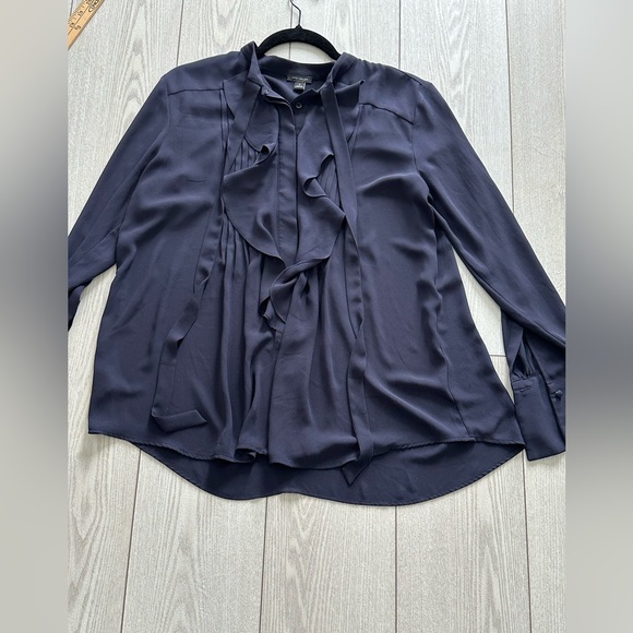 Ann Taylor Tops - Ann Taylor Navy Ruffle Tie-Neck Blouse